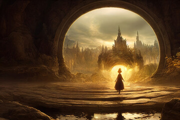 Wall Mural - beautiful mystical portal to another world, colorful fantasy environment background, digital illustr