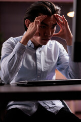 Poster - exhausted overworked person working on computer, doing freelance job at home desk. tired employee fe