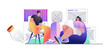 © alexdndz - Design agency concept for web banner. Man and woman designers create page layouts, drawing graphic elements, modern people scene. Illustration in flat cartoon design with person characters