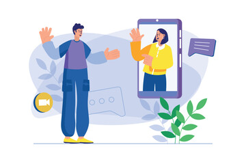 Poster - Video chatting concept with people scene. Vector illustration