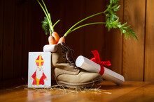 Shoe With Carrots For Amerigo's Horse, Letter And Paper Art Card For St. Nicholas For Traditional Dutch Holiday Sinterklaas Or For Christmas. Craft For Kids