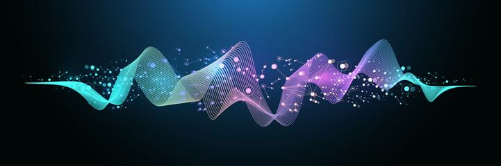 Poster - Music wave flow poster design with lines and dots. Sound flyer with abstract gradient line waves. Music abstract background, illustration concept