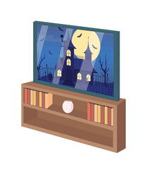 Fototapete - TV set with horror movie semi flat color vector object. Domestic appliance. Editable figure. Full sized item on white. Simple cartoon style illustration for web graphic design and animation