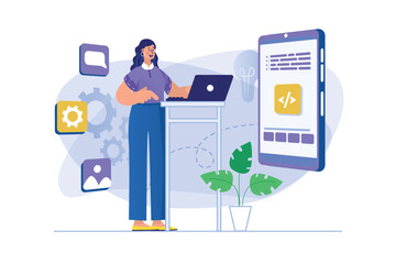 Poster - App development concept with people scene. Vector illustration