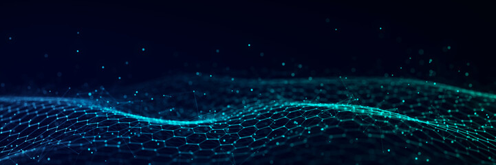 Technology hexagon dynamic wave. Futuristic honeycomb concept. Digital technology webflow. Big data visualization. 3D rendering.