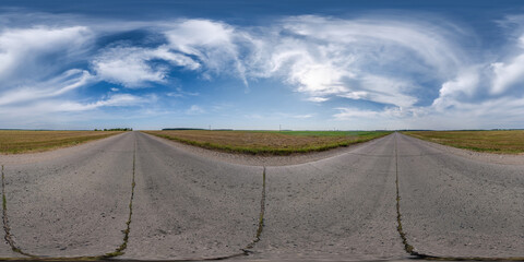 Wall Mural - full seamless spherical hdri 360 panorama view on no traffic concrete road among fields with overcas