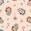 Hippie Groovy Christmas lips with tongue sweets candy starry vector seamless pattern. Retro 60s 70s mouth sweetmeat Xmas Holiday festive background for gift wrapping paper.