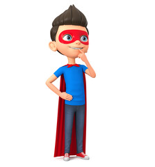 Wall Mural - Cartoon character boy in super hero costume is dreaming. 3d render illustration.