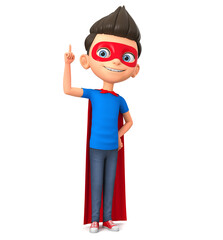 Wall Mural - Cartoon character boy in a super hero costume shows an empty board. 3d render illustration.