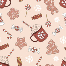 Retro 60s 70s Christmas Sweets Cocoa Candy Lollipop Gingerbread Man Vector Seamless Pattern. Hippie Groovy Vintage Xmas Sweetmeat Background For Holiday Festive Season Wrapping Paper.