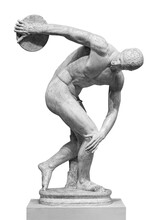 Discus Thrower Discobolus Statue. A Part Of The Ancient Olymp Games. A Roman Copy Of The Lost Bronze Greek Sculpture. Isolated On White Background