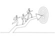Illustration of business man coworkers walking up arrow to reach target. Metaphor for team target or achievement, teamwork or leadership. One line art style