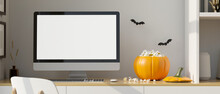 Modern Home Working Space In Halloween Theme, PC Desktop Computer White Screen Mockup