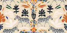 Hand Drawn Bohemian Abstract Organic Shapes Floral Pattern With Zebras. Collage Contemporary Print. Fashionable Template For Design. Ethnic Style.