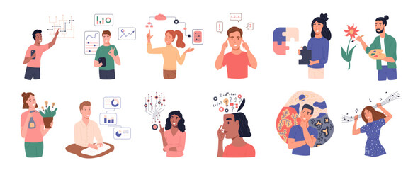 A set of concepts. Analytical, structural, imaginative, creative thinking, mbti and socionics. Flat vector illustration
