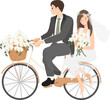 beautiful young just married wedding couple ride bicycle