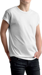 Sticker - PNG. White t-shirt mockup on guy, isolated on transparent background