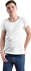 Wall Mural - PNG. White t-shirt mockup on guy, isolated on transparent background