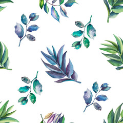  Seamless pattern of watercolor leaves. Green leaves on a white background. The design elements are drawn by hand