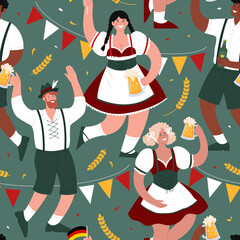 Wall Mural - Oktoberfest. Beer Festival. Seamless vector pattern of diverse people.