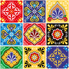 Big set tiles vector seamless design, Mexican folk art style talavera pattern - mix of different tiles
