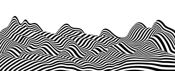 abstract vector 3d lines background, black and white curves linear perspective dimensional terrain o