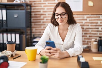 Poster - Young woman business worker using smartphone working at office