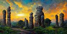 Ancient Aztec Stone Structures. Stone Pillars Of The Ancient Mexican Civilization. Realistic Digital Illustration. Fantastic Background. Concept Art. CG Artwork.