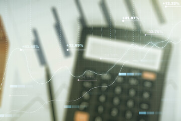 Poster - Double exposure of abstract creative statistics data hologram on calculator and papers background, analytics and forecasting concept