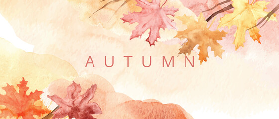 Wall Mural - Abstract autumn watercolor art. Bright warm colors, fall leaves, trees, sky,clouds. Frame, background for text.