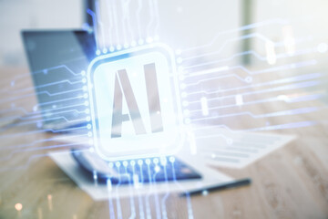 Poster - Double exposure of creative artificial Intelligence icon on blurry calculator with laptop background. Neural networks and machine learning concept