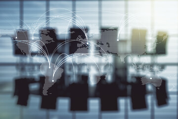 Poster - Double exposure of abstract digital world map hologram with connections on a modern meeting room background, research and strategy concept