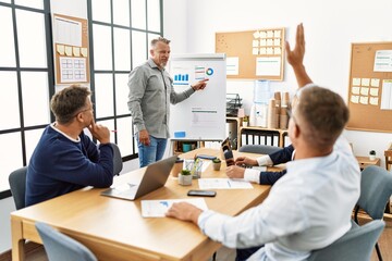 Canvas Print - Group of middle age business workers listening boss conference during meeting at the office.