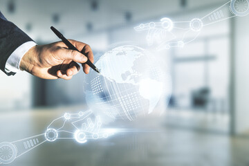 Aufkleber - Male hand with pen draws abstract virtual robotics technology sketch with globe on blurred office background, future technology and AI concept. Double exposure