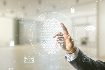 Aufkleber - Multi exposure of male hand presses on virtual creative fingerprint hologram on blurred office background, personal biometric data concept