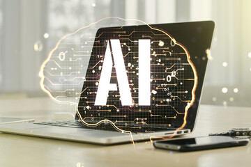 Poster - Creative artificial Intelligence concept with human brain sketch on modern computer background. Double exposure
