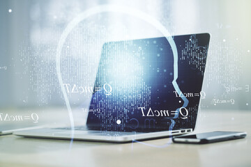 Aufkleber - Creative artificial Intelligence concept with human head hologram on modern laptop background. Multiexposure