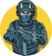 vector illustration of swat officer aiming machine pistol