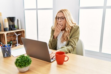 Sticker - Beautiful blonde woman working at the office with laptop bored yawning tired covering mouth with hand. restless and sleepiness.