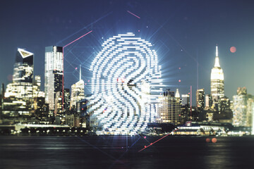 Aufkleber - Double exposure of virtual creative fingerprint hologram on New York city skyscrapers background, research and development concept