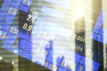 Poster - Multi exposure of abstract statistics data hologram interface on blurry cityscape background, computing and analytics concept