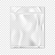 Vacuum sealed clear vinyl pouch on transparent background vector mock-up. Blank empty square flat plastic bag package mockup