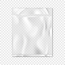 Vacuum Sealed Clear Vinyl Pouch On Transparent Background Vector Mock-up. Blank Empty Square Flat Plastic Bag Package Mockup