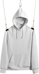 Sticker - White hoodie mockup with pocket, png hanging on a rope isolated.