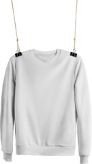 Sticker - White sweatshirt mockup, png, hanging on the ropes, isolated.