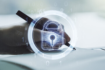 Poster - Double exposure of creative lock hologram with chip and man hand writing in notebook on background. Information security concept