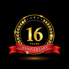 16 Years Anniversary Template Design, With Shiny Ring And Red Ribbon, Laurel Wreath Isolated On Black Background, Logo Vector