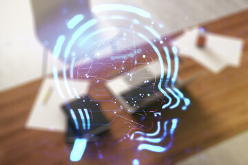 Aufkleber - Creative artificial Intelligence concept with human head sketch and modern desktop with pc on background. Double exposure