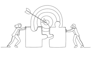 Wall Mural - Cartoon of businesswomen connecting puzzle elements. Metaphor for teamwork success target achievement. One line art style