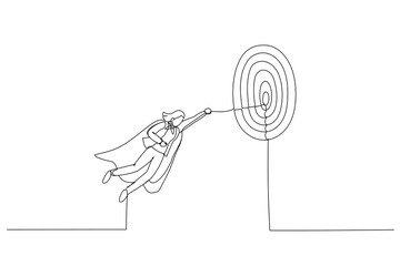 Drawing of businesswoman superhero flying fast through business target. Metaphor for goal achievement, challenge or mission. Single continuous line art style